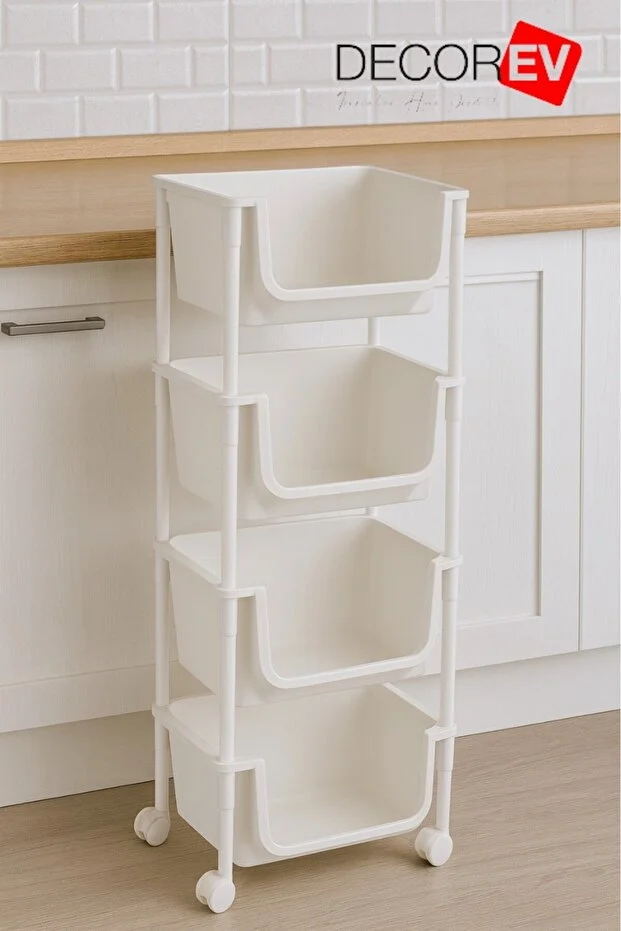 4 Katlı Tekerlekli Plastik Organizer Raf